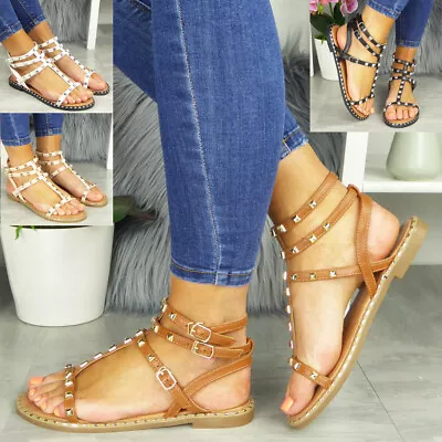 £11.61 • Buy Gladiator Sandals Flats Zip Womens Ladies Strappy Summer Comfy Casual Shoes Size