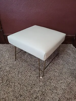 Vtg MCM White Ottoman Metal Hairpin Legs Cushioned Reupholstered Vinyl Footstool • $78.90