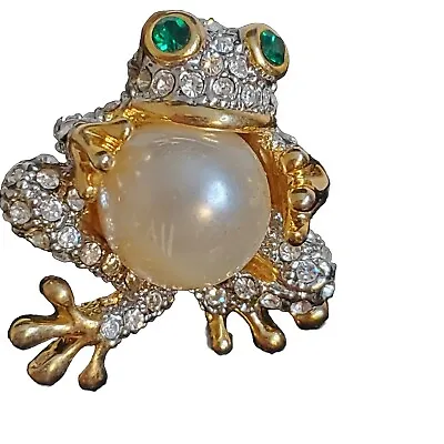 Vintage Rhinestone Frog Brooch Pin With Faux Pearl Belly Goldtone Rare Preowned • $25.99