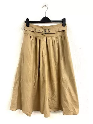 Vintage Boho Hippy Western Beige Butter Soft Leather Midi Flare Skirt Size 10 • £19.99