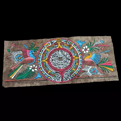 Mexican Folk Art Aztec Calendar Bird Floral Painting On Amate Paper Tree Bark • $24.99