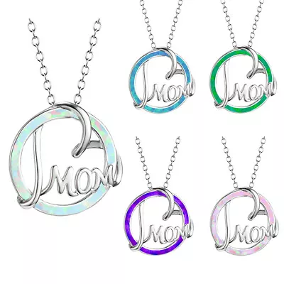 Women Silver Plated Opal Heart Mom Pendant Necklace Mother's Day Jewelry Gifts • $1.87