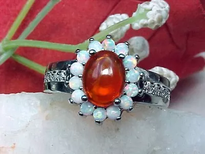 🔥 Natural Mexican Fire OPal Ring 8x6mm & Australian Opal & White Topaz 925 Sz 8 • $18.99