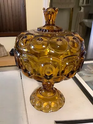 Vintage LE Lewis Amber Glass Moon And Stars Compote With Lid • $18
