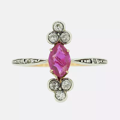 Victorian Burmese Ruby And Diamond Navette Ring - 18ct Yellow Gold & Platinum • £2365