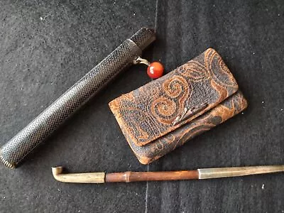 Edo Or Meiji Era Japanese KISERU (Western Pipe) And Leather Case Set -e0707 • $336.75