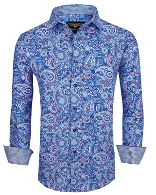 Mens PREMIERE PAISLEY BLUE Long Sleeve BUTTON UP Dress Shirt FANCY CUFFS  749 • $44.98