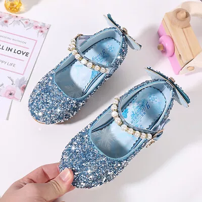 Frozen 2 Princes Elsa Shoes Girl's Closed Toe Low Heel Blue Sparkling Glitter  • $39.99