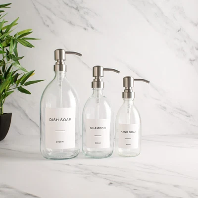 £8.99 • Buy Clear Glass Labelled Refillable Bottle With Metal Silver Pump Dispenser