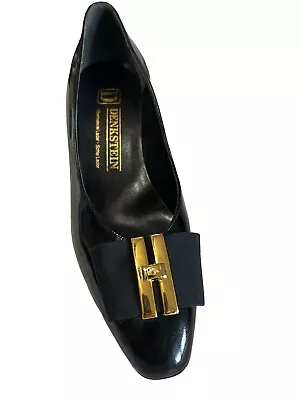 Denkstein Womens Vintage 80s Patent Leather Pump  Black Gold Shoes Made Italy 38 • $79.95