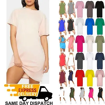 Ladies Womens Plain Baggy Round Neck Oversized Long Tunic Tee Shirt Mini Dress • £5.49