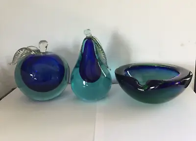 Murano~Sommerso~Glass Pear & Apple Paperweight Bookend + Ashtray~Alfredo Barbini • $199