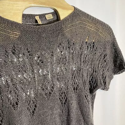 Anthropologie Moth Women’s Medium Gray Open Knit Half Sleeve Shirt Linen Blend • $18.99