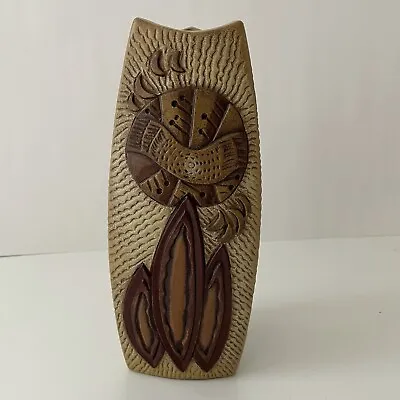 Vintage 60s 70s MCM Three Sided 8  Vase Carved Stoneware Etched Tan Brown Retro  • $26.99