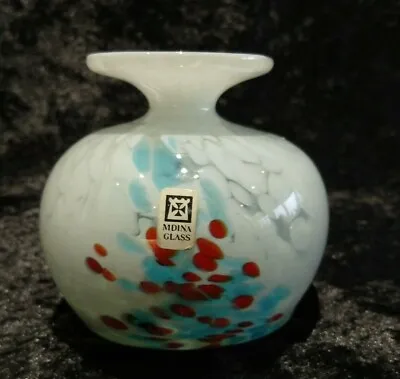Signed MDINA Hand Blown Heavy Studio Art Glass Squat Vase White/Red Speckled • £12.50