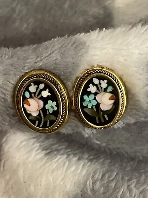 Stunning Antique Victorian Pietra Dura Yellow Metal Clip On Earrings Freepost Uk • £130