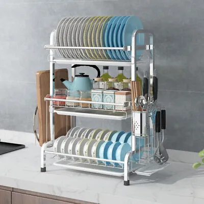 3 Tier Dish Drying Rack Drainer Cup Plate Holder Cutlery Tray Kitchen Organizer • $38.95