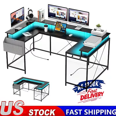 U-Shaped Computer Desk With LED Lights Convertible Gaming Desk W/ Monitor Stand • $179.99