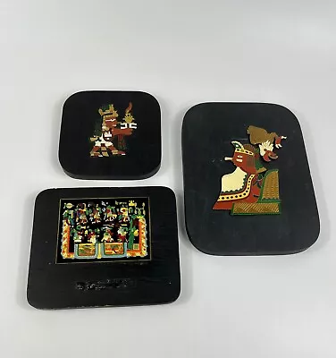 Vintage 3 God's Of Mexico Enamelware Black Wood Wall Plaques Aztec Warrior FLAW • $18.99