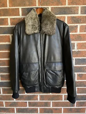 Vintage Eddie Bauer Leather Bomber Lamb Fur Collar Goose Down Jacket Small Brown • $200