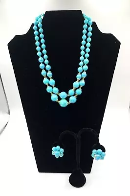 Vintage WEST GERMANY Iridescent Bright Blue Bead 2 Strand Necklace Earrings Set • $32.95