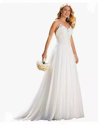 Ivory Backless Wedding Dress Boho Beach A-line Spaghetti Straps Size 10 • $119