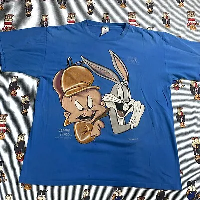 Vintage Jostens Looney Tunes Elmer Fudd Bugs Bunny Graphic T Shirt Adult XL Blue • $25