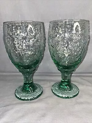 2 Vintage Green Ice Tea/Water Goblets 7  Libbey Glass Orchard Fruit Pattern • $20