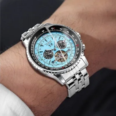 Jaragar Mens Automatic Mechanical Watch Fashion Tourbillon Blue Dial Date Displa • £62.99