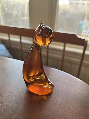 $18 • Buy Vintage Mcm Honey Amber Glass Art Cat