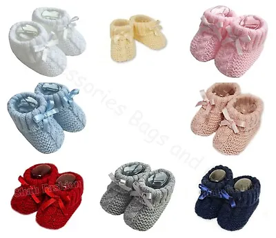 Newborn Baby Bow Booties Knitted Bootees Pink Blue White Red Girl Boy Soft Touch • £3.45