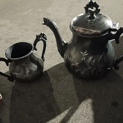 Antique Victorian Eastlake Quadruple Silver Plated  Teapot 7  & Sugar Clean • $10