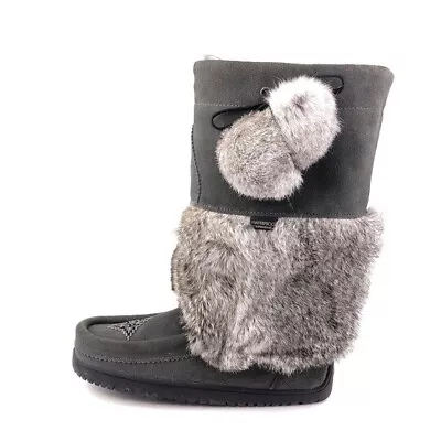 Manitobah Mukluks Snowy Owl Winter Boots Womens Size 8 Gray Leather Rabbit Fur • $198