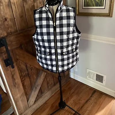 J Crew Puffer Down Vest Quilted Buffalo Plaid Check Black White Zip Size L • $19.99