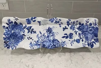 BLUE FLORAL BUTTERFLY 21 X7” Wavy Scalloped Melamine Large Serving Tray Platter • $26.99