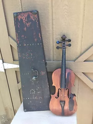 $55 • Buy Primitive Antique Violin Fiddle W/ Wood Coffin Case 28  For Repair Parts Display