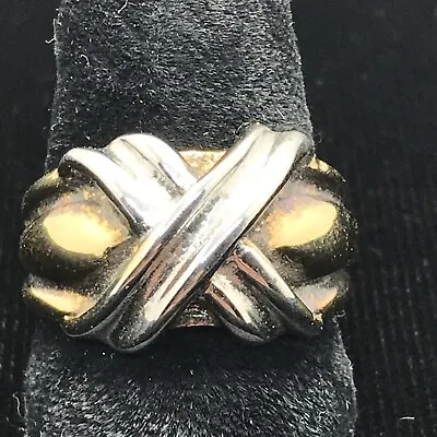 Vintage  18 K HGE  2-Tone Silver & Gold Plated    X   Design Ring  Sz 7 • £48.21