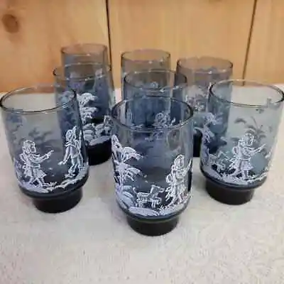 8 Vintage MCM Mary Gregory Painted Blue Glass Drink Glasses Tumblers • $58