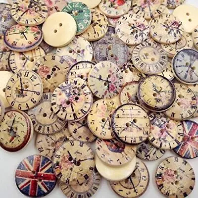 50 PCS 20MM 2-Hole New Vintage Popular Mixed Craft Round Wooden Clock Buttons... • $9.47