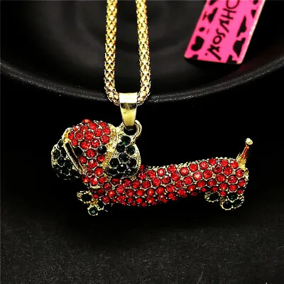 Fashion Women Rhinestone Red Crystal Cute Dachshund Dog Pendant Chain Necklace • $3.95