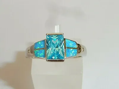 £23.65 • Buy Ladies 925 Solid Silver Baguette Cut Aquamarine Solitaire With Opal Accents Ring