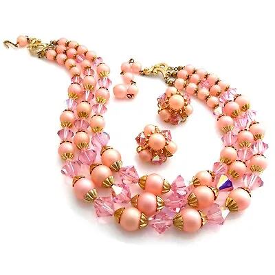 Vintage 1950s Pink Crystal And Plastic Bead Multi-strand Necklace Earrings Set • $45
