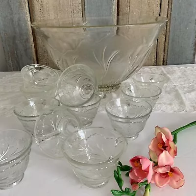 Vintage Indiana Glass Pebble Leaf 13pc Punch Bowl Set (revised) • $44.95