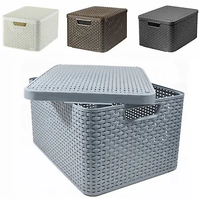 Storage Box Basket Container Lid Handles Rattan Style Curver 3 Sizes 4 Colours • £17.54