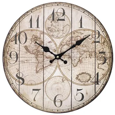 £13.99 • Buy Large Shabby Chic Wall Clock Vintage Map Wooden Effect Silent 34cm Home Decor