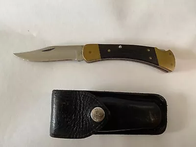 VTG BUCK 110 2 Dot Folding Hunter Pocket Knife USA 1970s  W/Buck Leather Sheath • $40