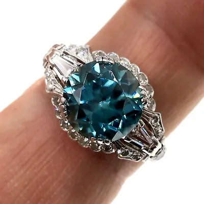 Vintage Victorian Platinum Filigree 5ct Blue Zircon Diamond Ring Size 9.5 • $2100