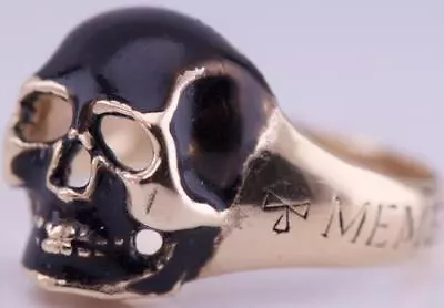 Antique Italian Memento Mori Masonic Skull Mens Ring 14k Gold Enamel C1930s • $1