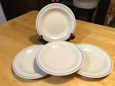 VINTAGE STONEWARE FRUIT PLATE DISH  SET Of 4 - 6 5/8   CREAM W/LIGHT BLUE STRIPE • $19.99