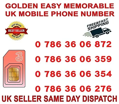 Golden Easy Memorable Uk Vip Mobile Phone Number/platinum Sim( Three Netwrk B70) • £19.95